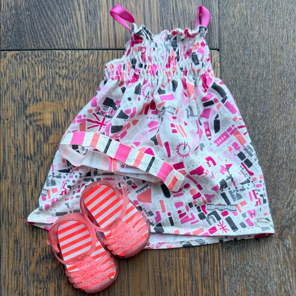 American Girl Pink Patterned Dress with Striped Sandals